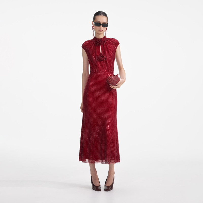 Red Rhinestone Fishnet Midi Dress 1