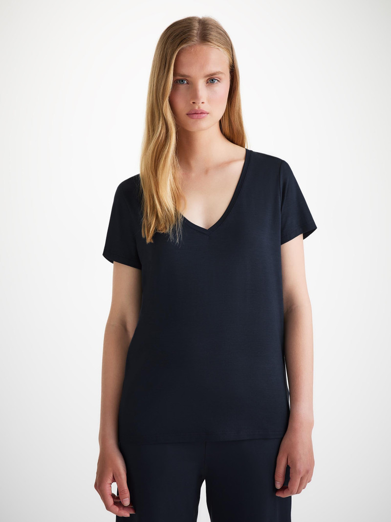 Derek Rose Women's V-Neck T-Shirt Lara Micro Modal Stretch Navy outlook