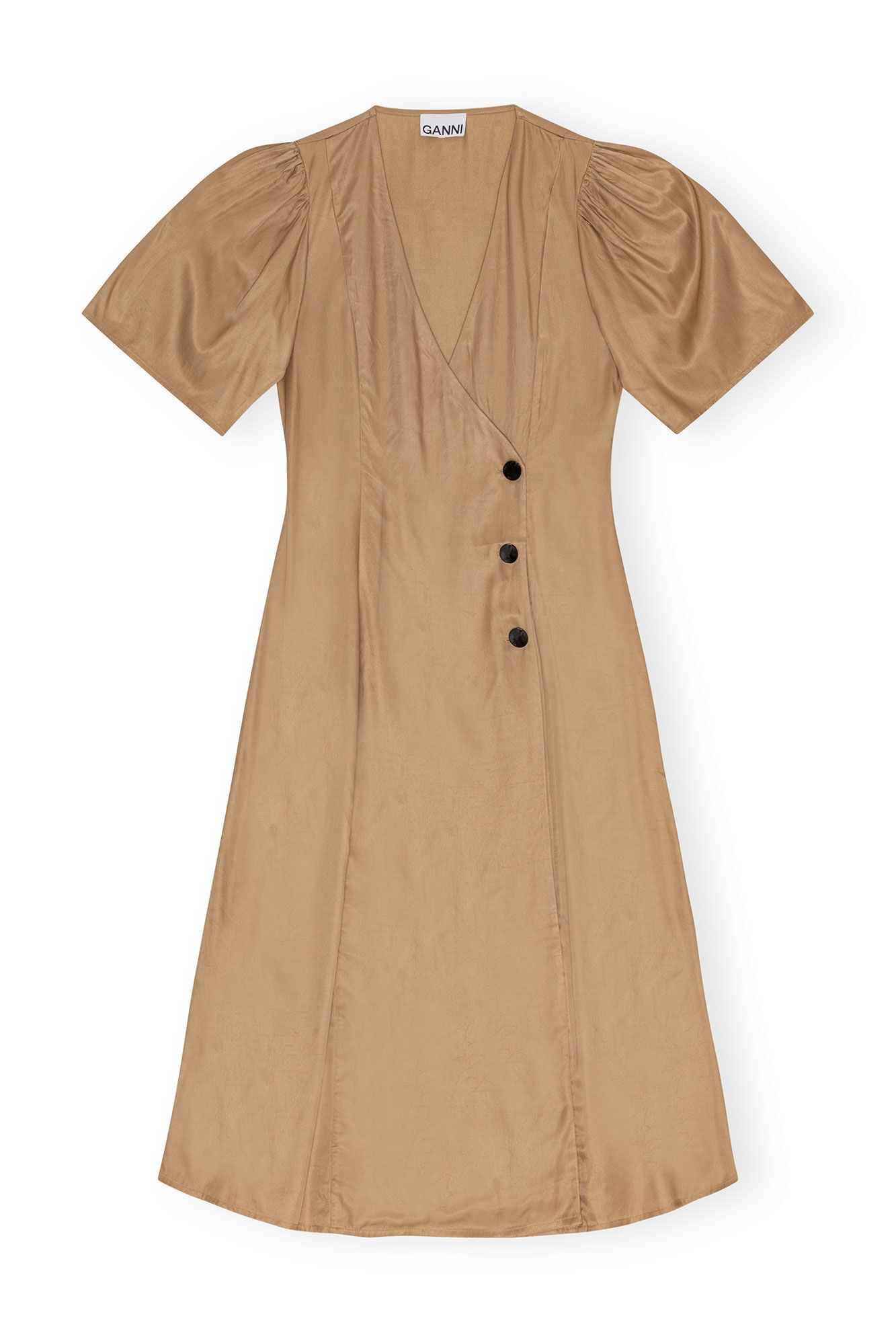 GANNI BROWN VISCOSE TWILL WRAP MIDI DRESS | REVERSIBLE