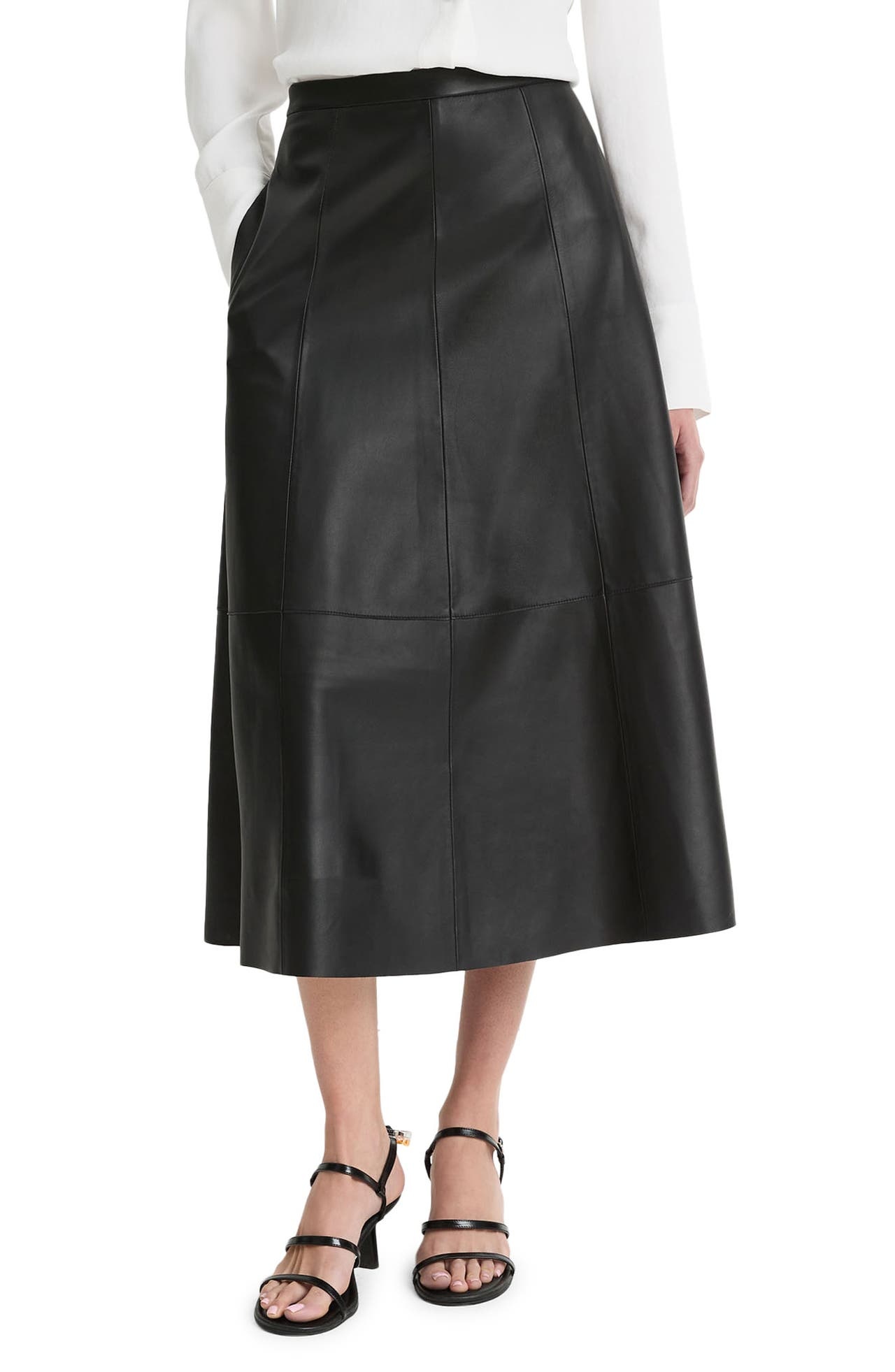 Vince Vince Leather Midi A-Line Skirt in Black at Nordstrom