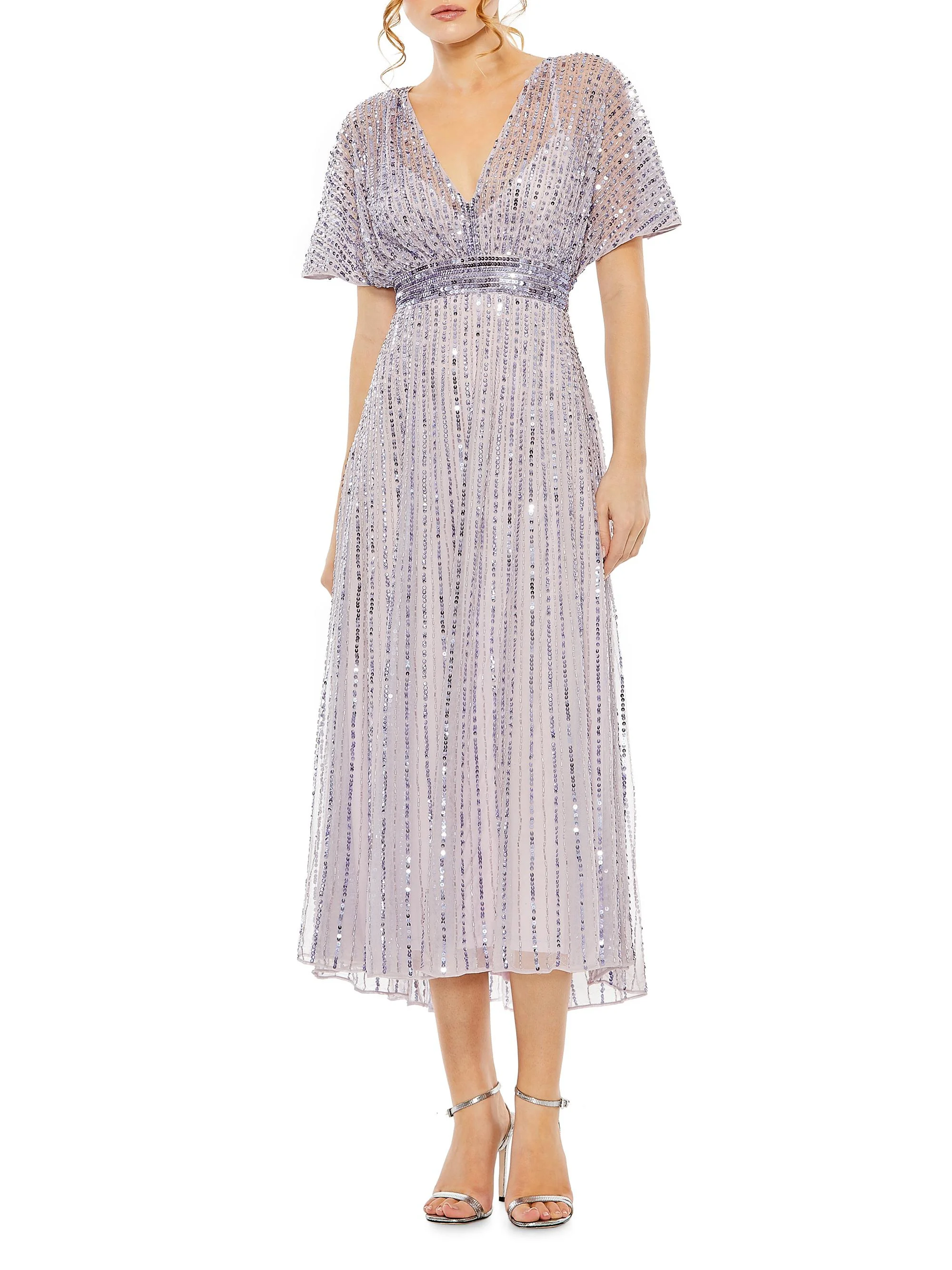 Women's Sequined Short-Sleeve Midi-Dress - Lavender - 1