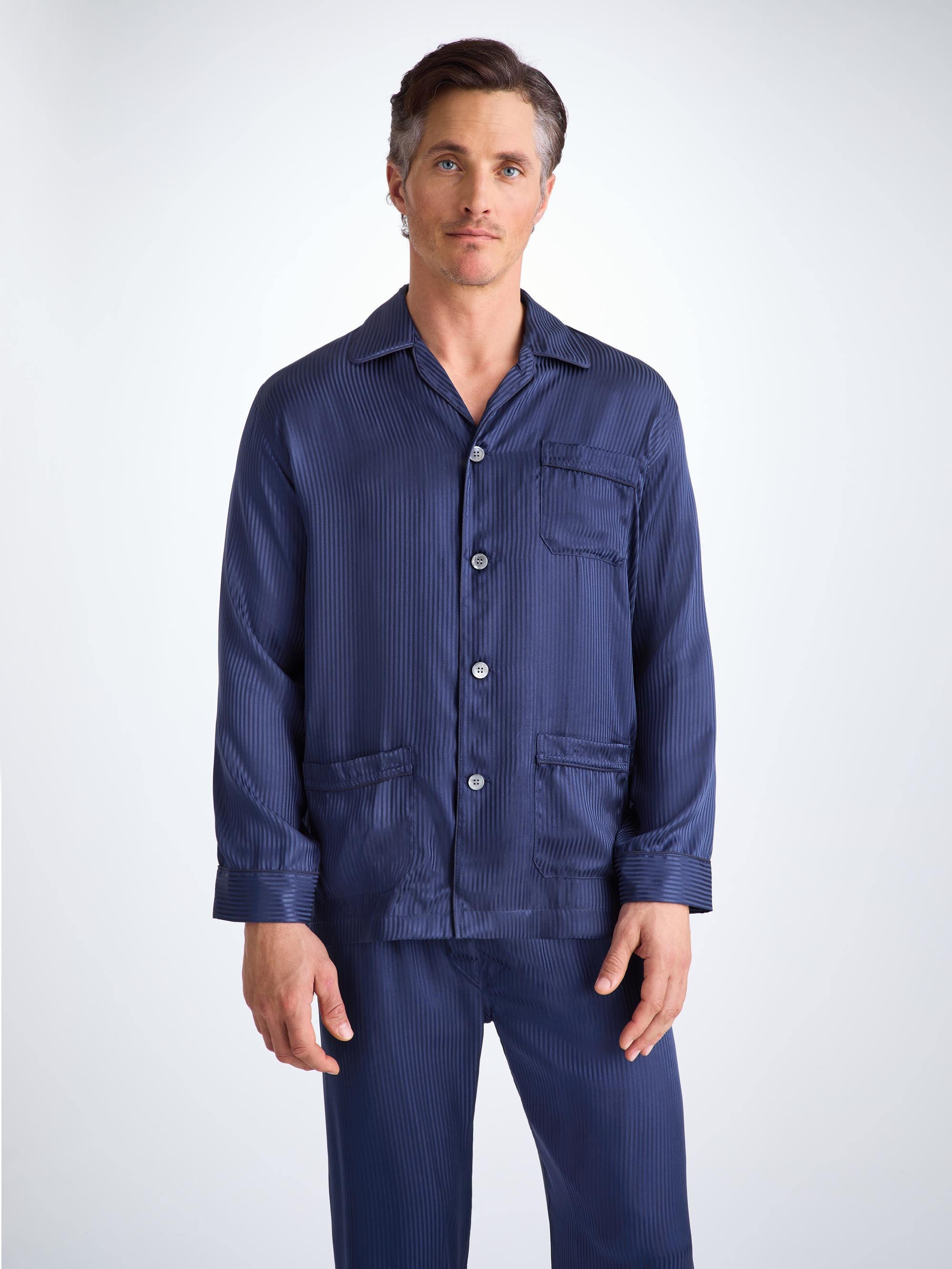 Men's Classic Fit Pyjamas Woburn 8 Silk Satin Navy - 8