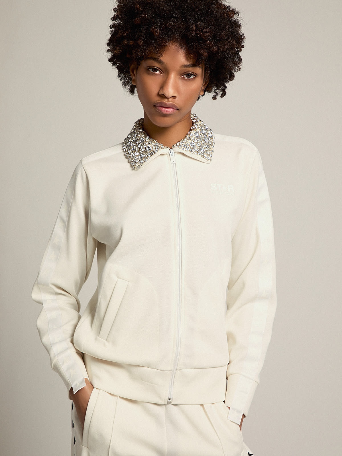 Papyrus white Denise Star Collection zipped sweatshirt with crystal collar - 3