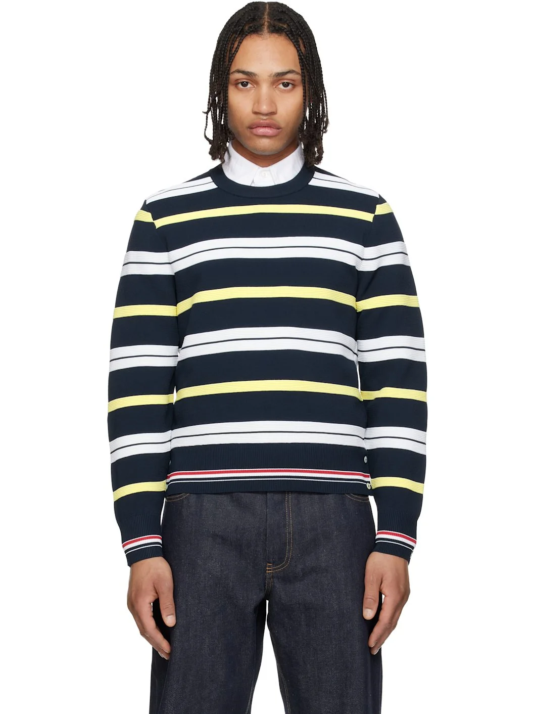 Navy Variegated Rep Stripe Ottoman Stitch Crew Neck Sweater - 1