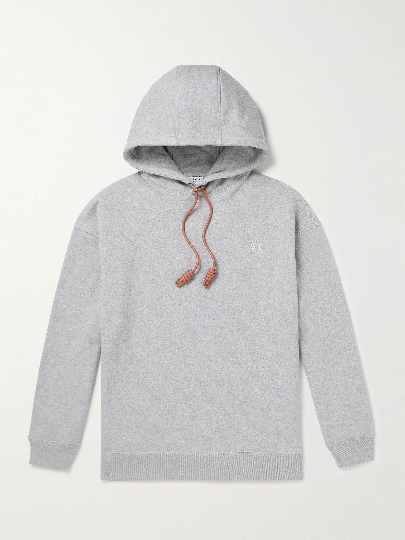Logo-Embroidered Leather-Trimmed Cotton-Jersey Hoodie Gray - 1