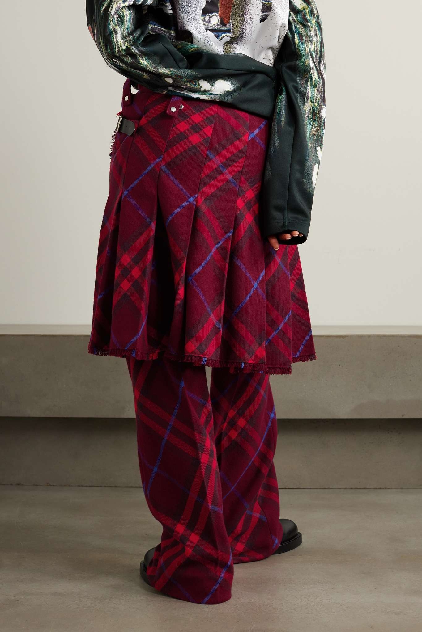 Layered checked wool straight-leg pants - 3