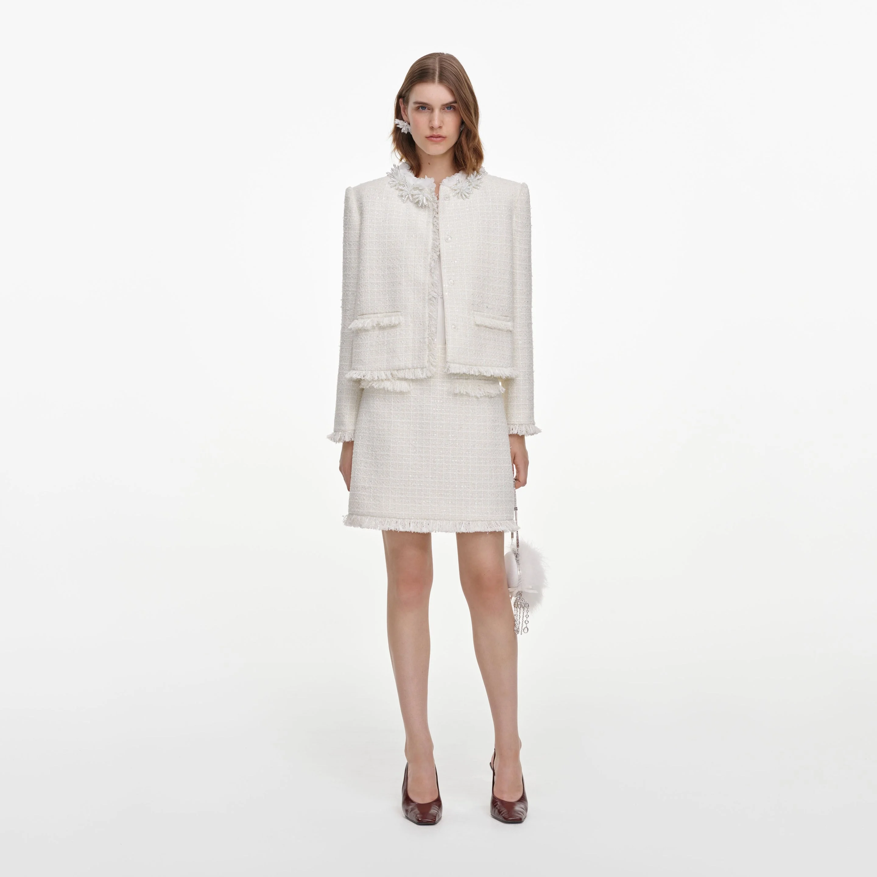 Cream Sequin Boucle Mini Skirt - 1