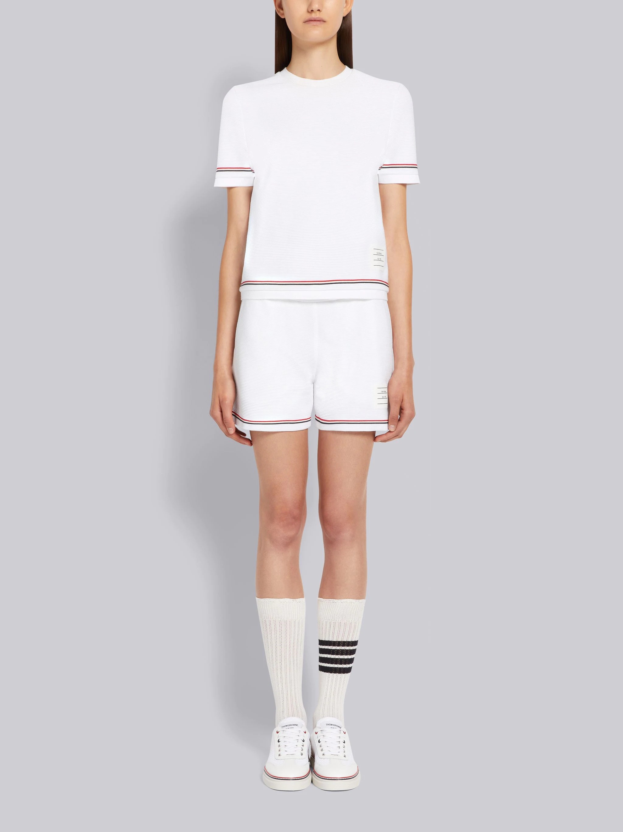 White Ottoman Rib Stripe Hem Mid Thigh Short - 4
