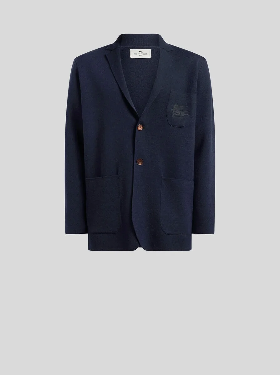 SINGLE-BREASTED WOOL JACKET WITH EMBROIDERED LOGO - 1