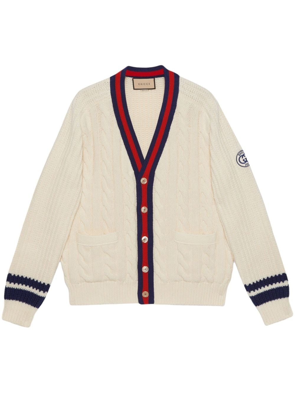 Web stripe-trim cable-knit cardigan - 1