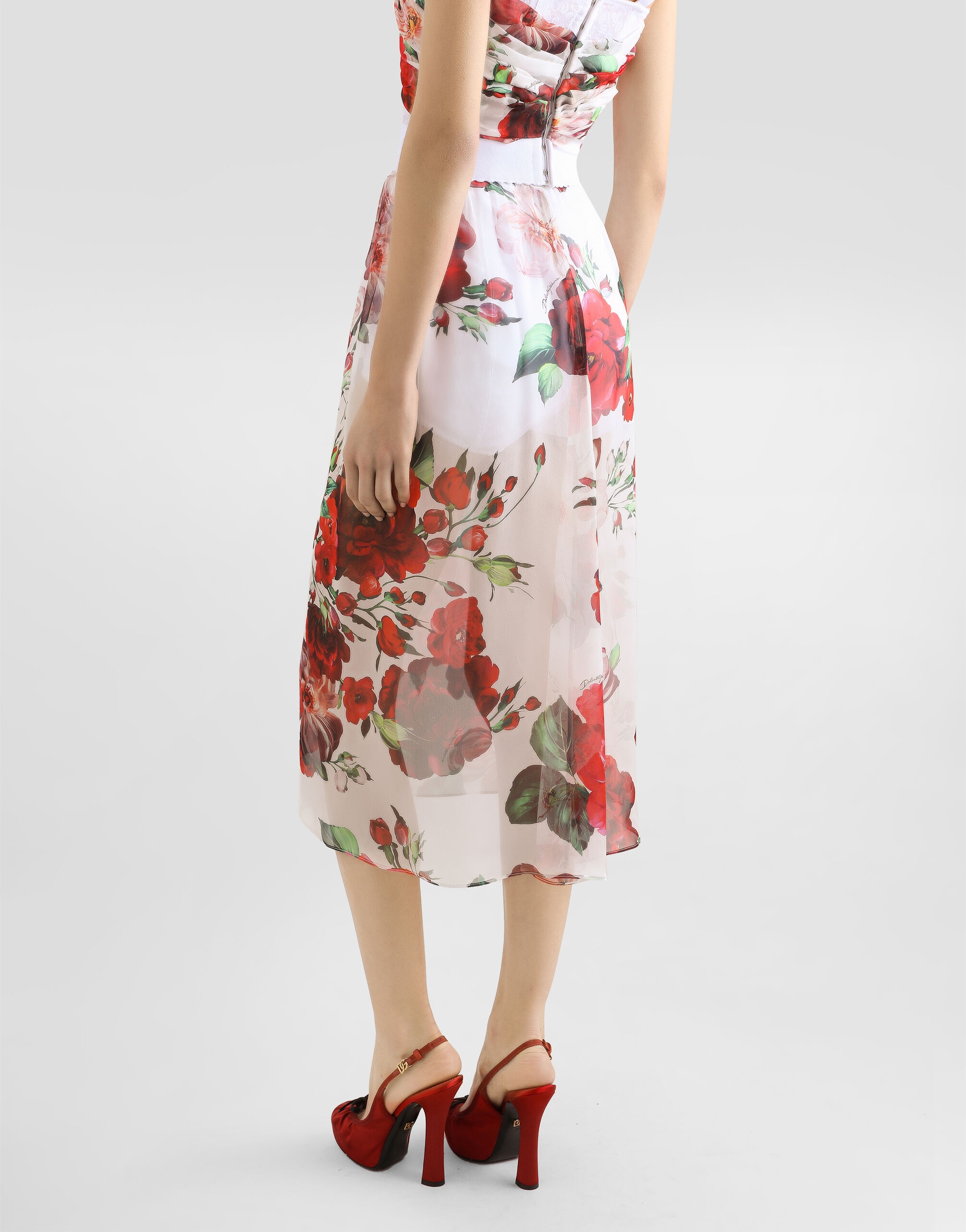Rose-print chiffon calf-length skirt - 6