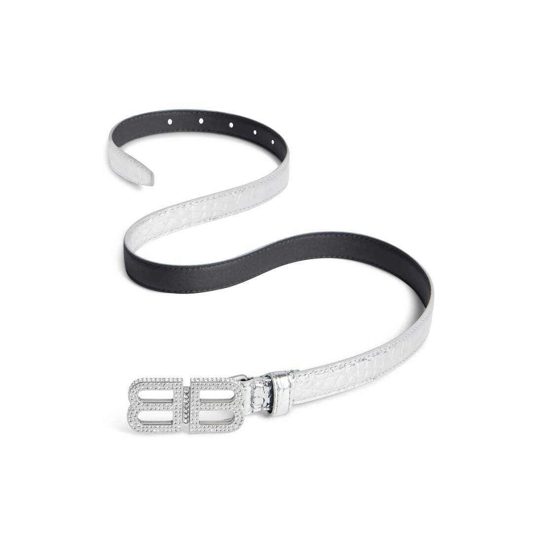 Women's Bb Hourglass Thin Belt Metallized Crocodile Embossed With Rhinestones in Silver - 2