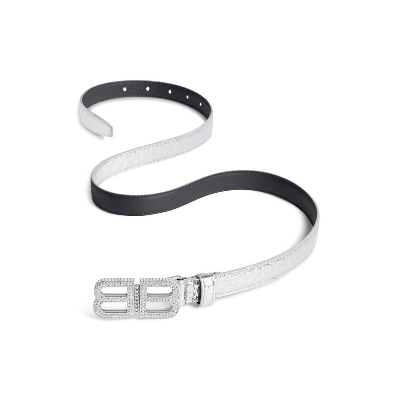 BALENCIAGA Women's Bb Hourglass Thin Belt Metallized Crocodile Embossed With Rhinestones in Silver outlook