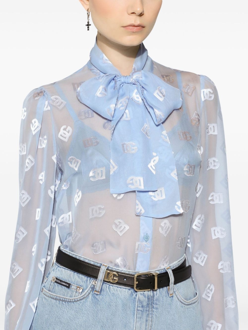 pussy-bow collar semi-sheer shirt - 5