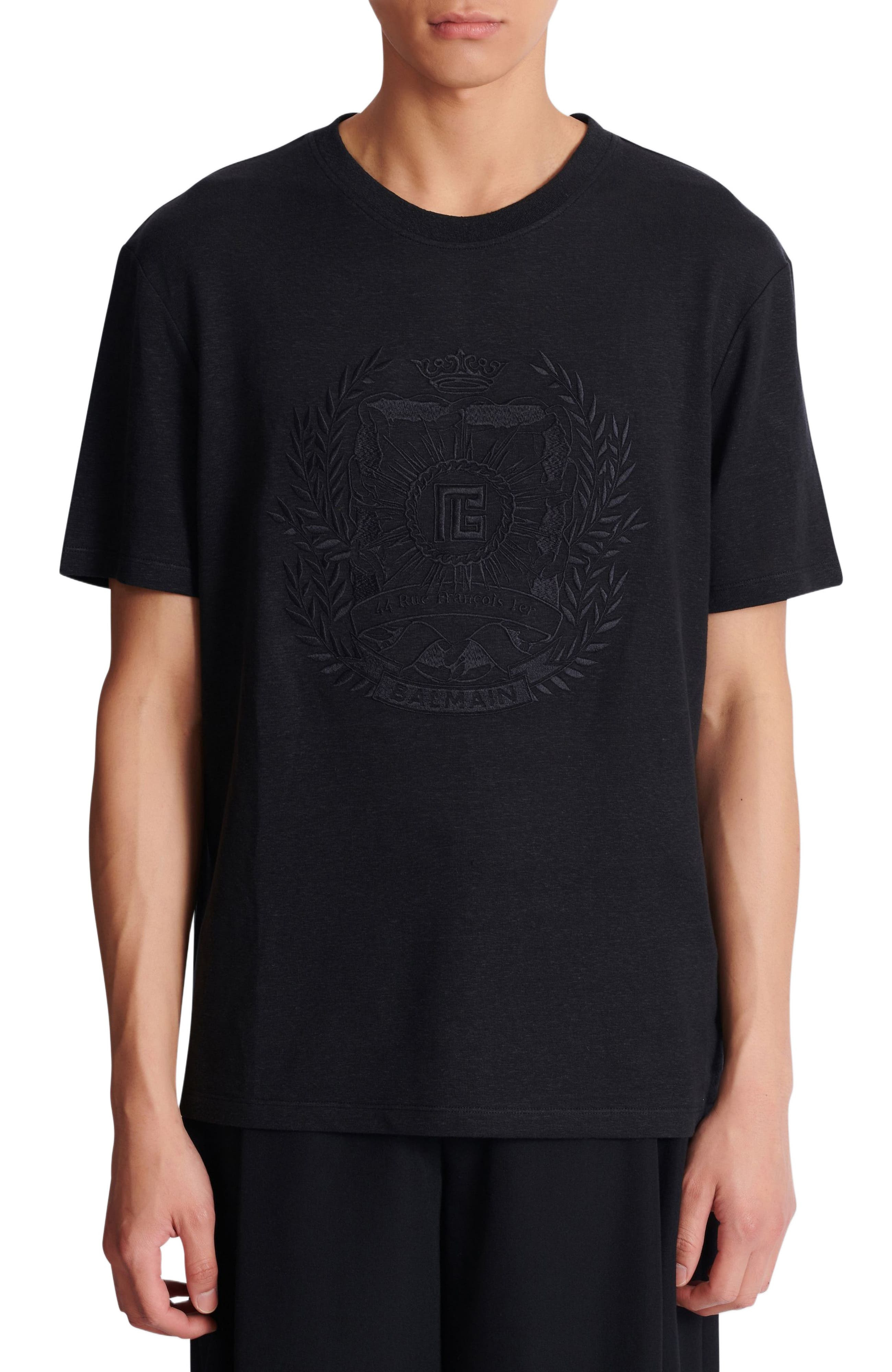 Balmain Écusson embroidered linen T-shirt in Black at Nordstrom - 5