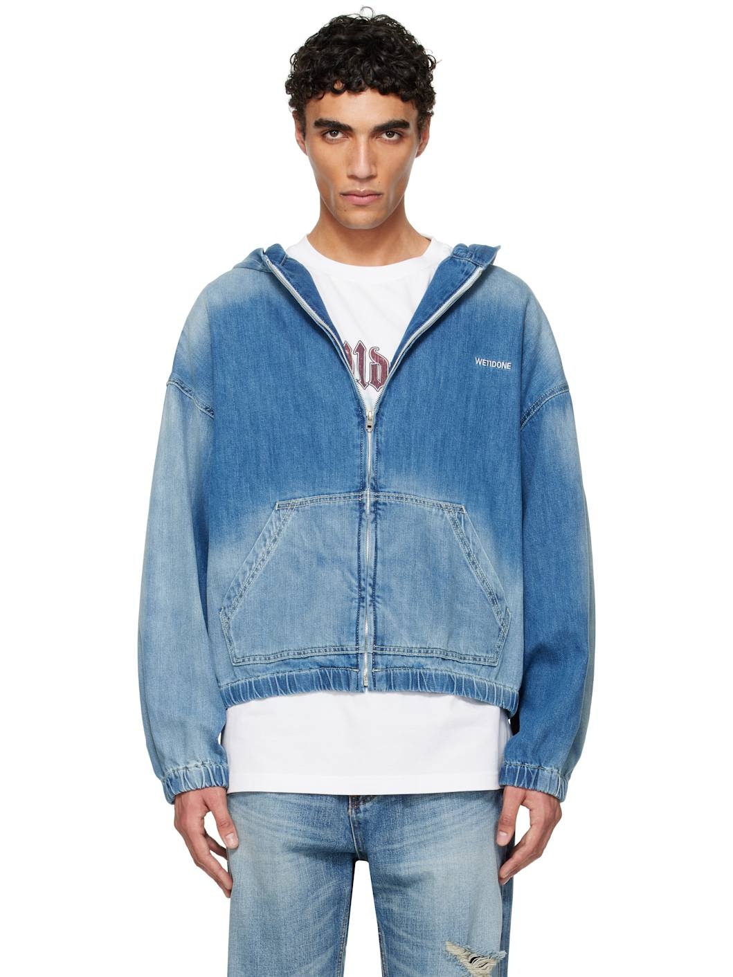 Blue Zip-Up Thin Denim Hoodie - 1