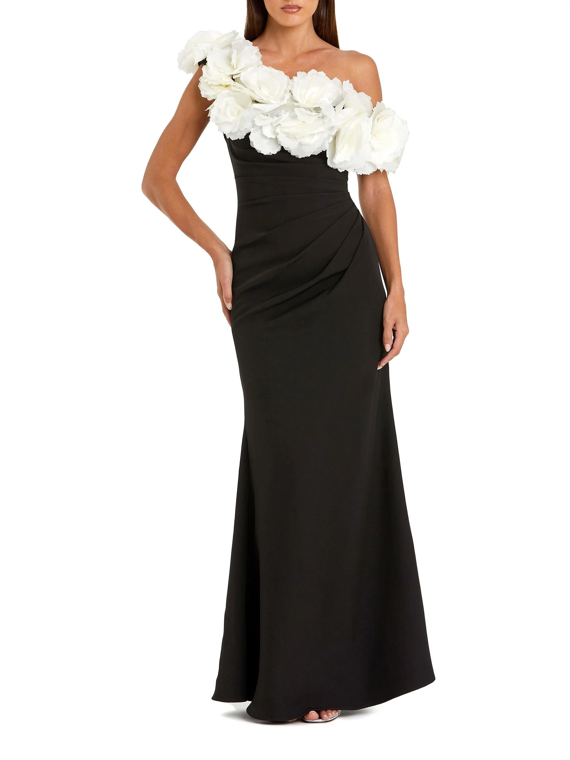Women's Evening Floral Jersey Off-The-Shoulder Gown - Black Cream - 1