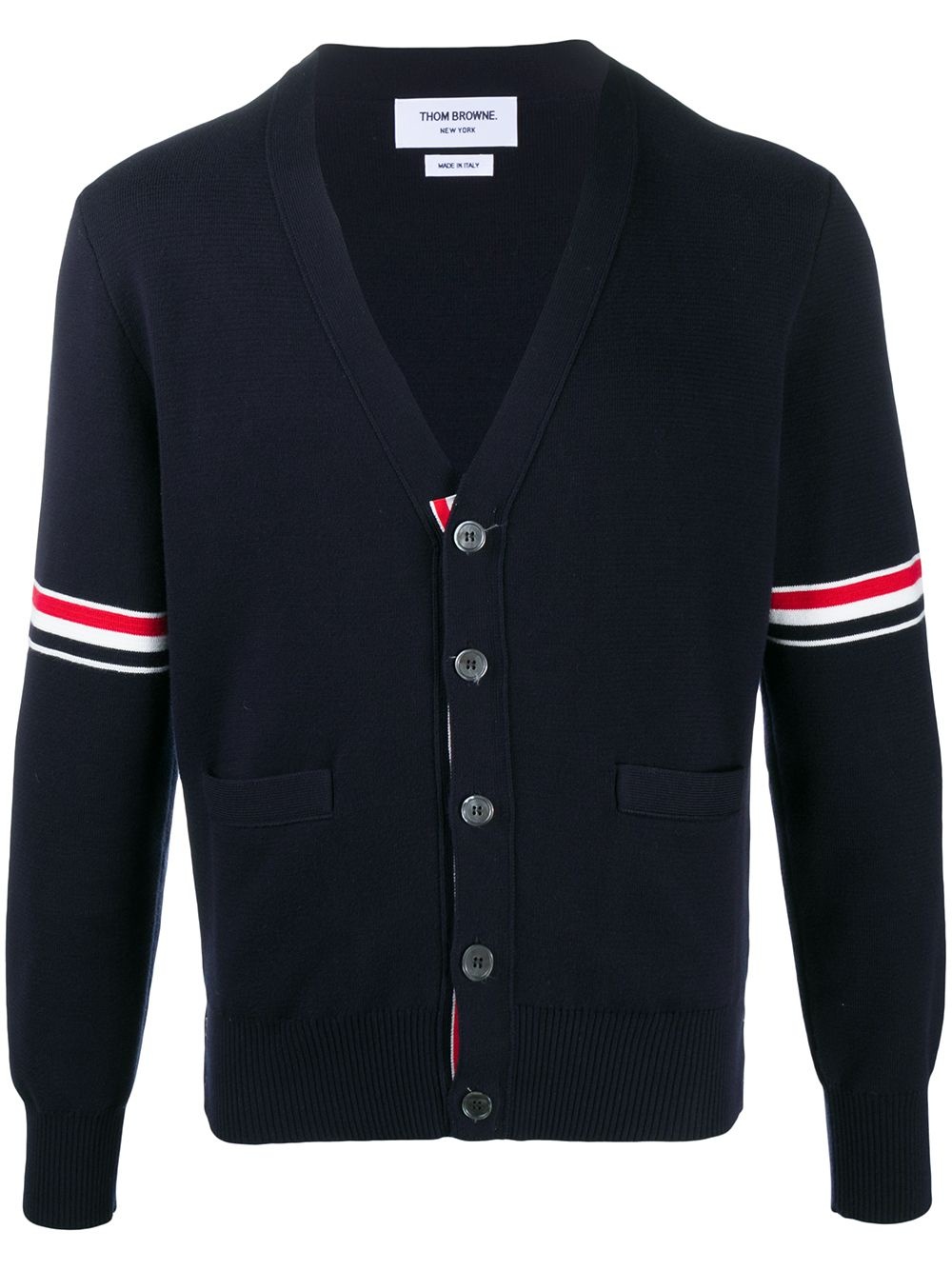 THOM BROWNE - Men Milano Stitch RWB Stripes Cotton V-Neck Cardigan - 5