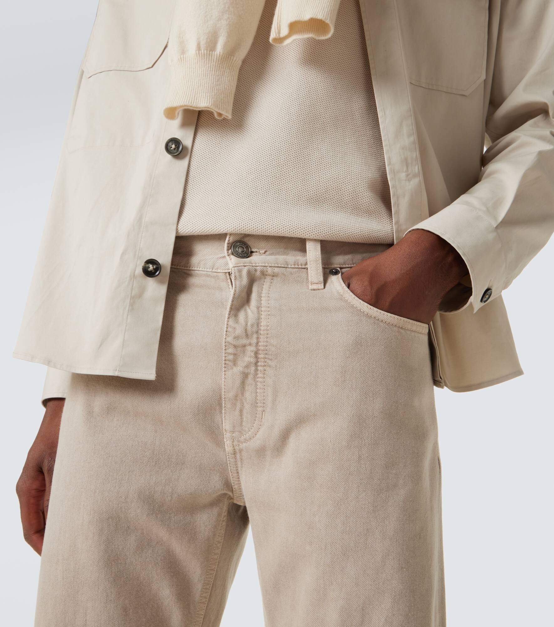 Leather-trimmed cotton straight pants - 5