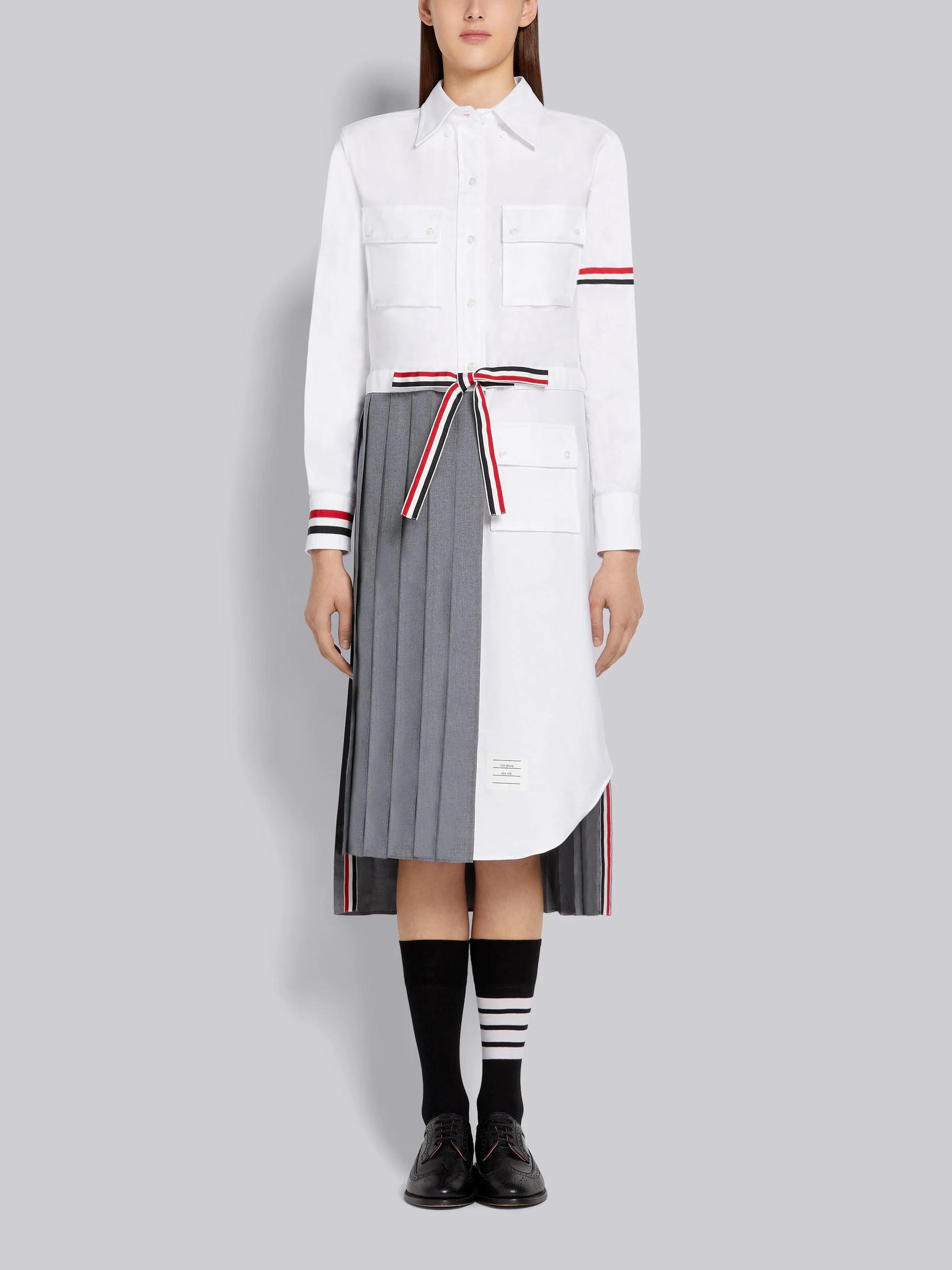 Medium Grey School Uniform Plain Weave Pleated Bottom 2-in-1 Norfolk Shirtdress - 1