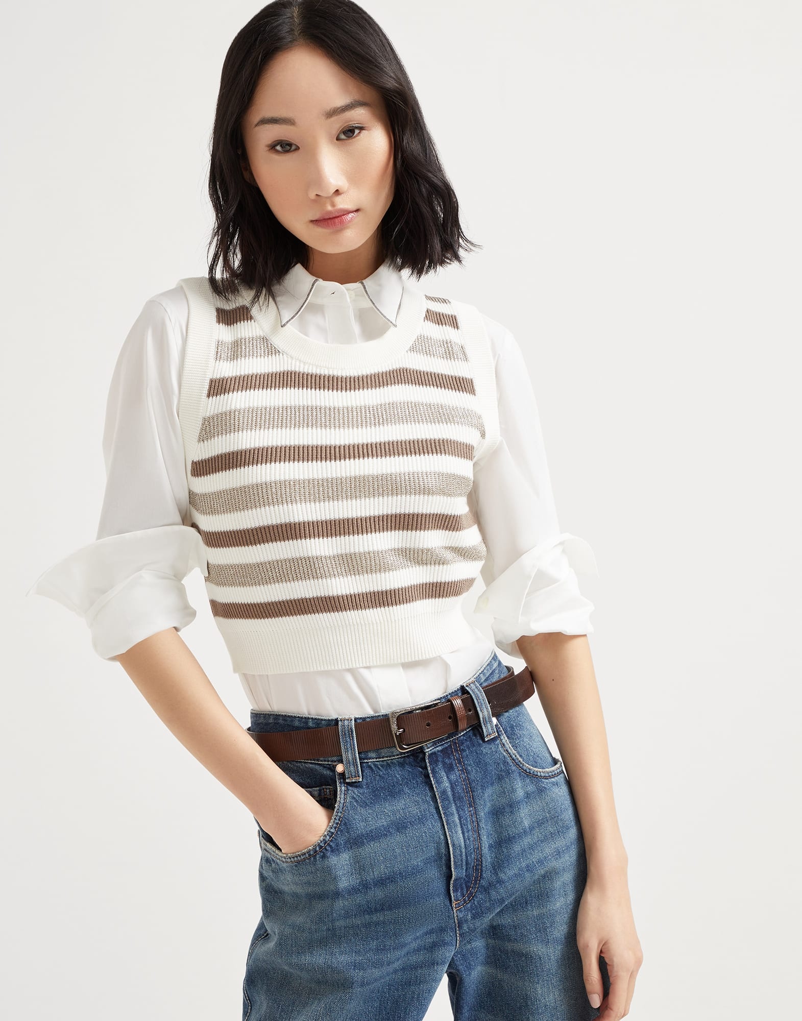 Sparkling striped cotton knit top with monili - 4