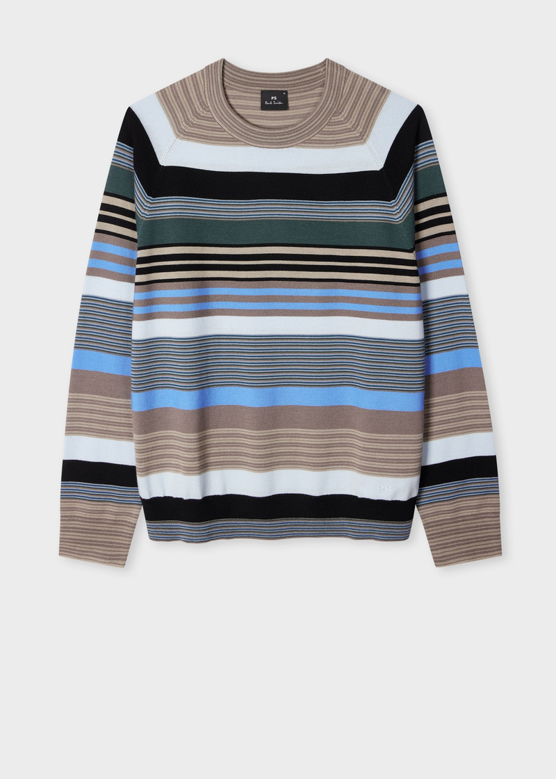 Grey and Blue Contrast Stripe Merino Wool Sweater 1