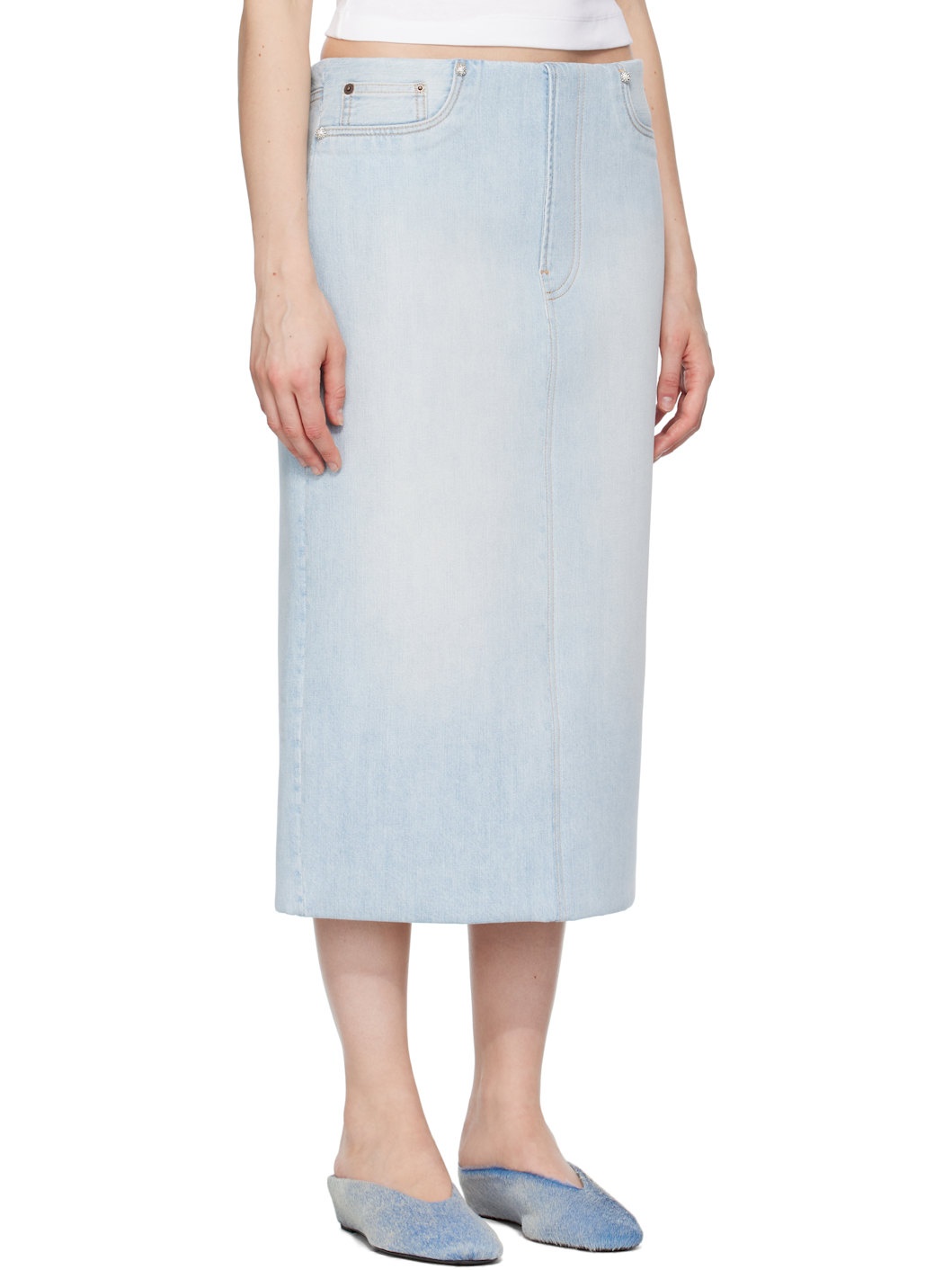 Blue Padded Denim Midi Skirt - 2