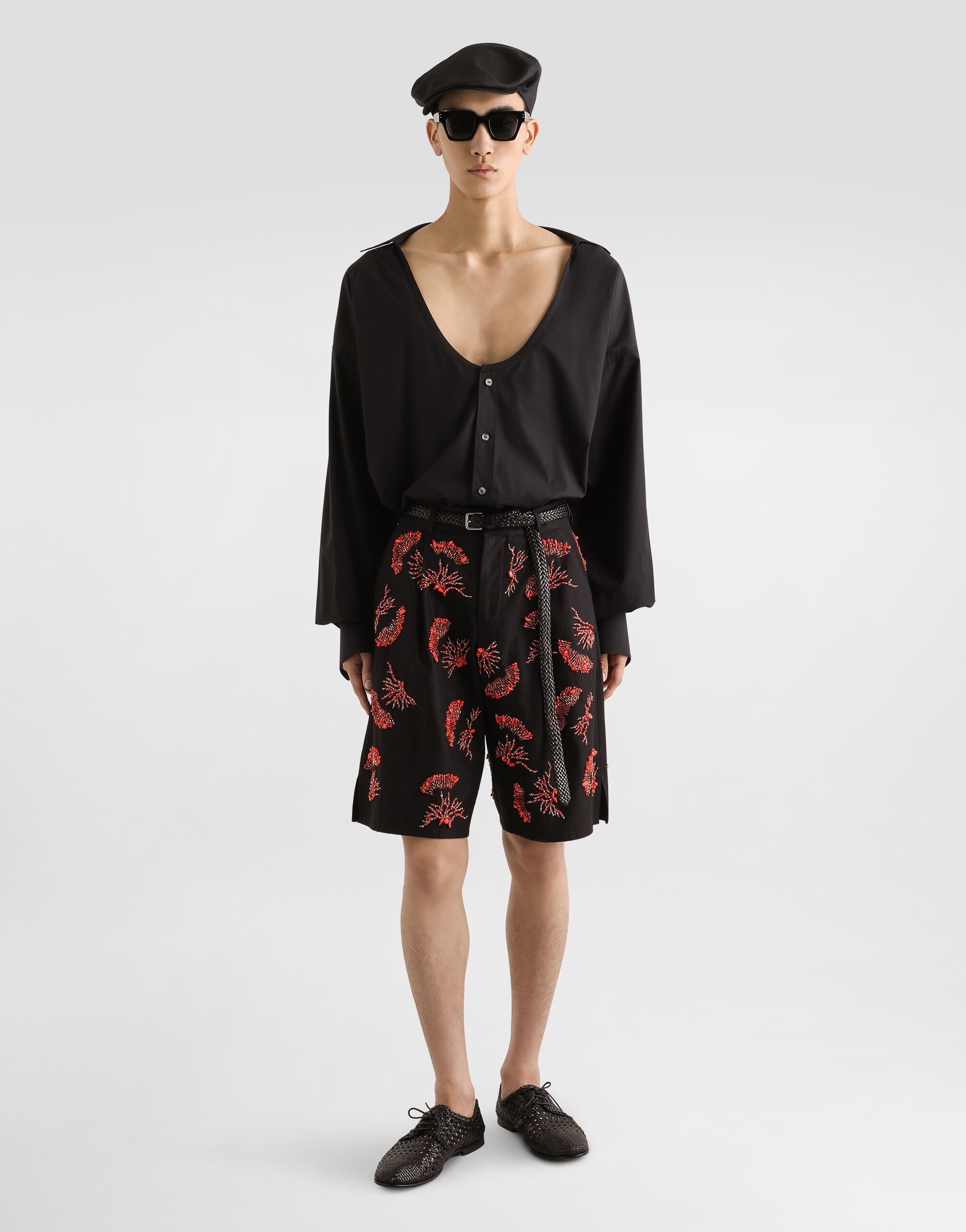 Cotton twill shorts with coral embroidery - 2