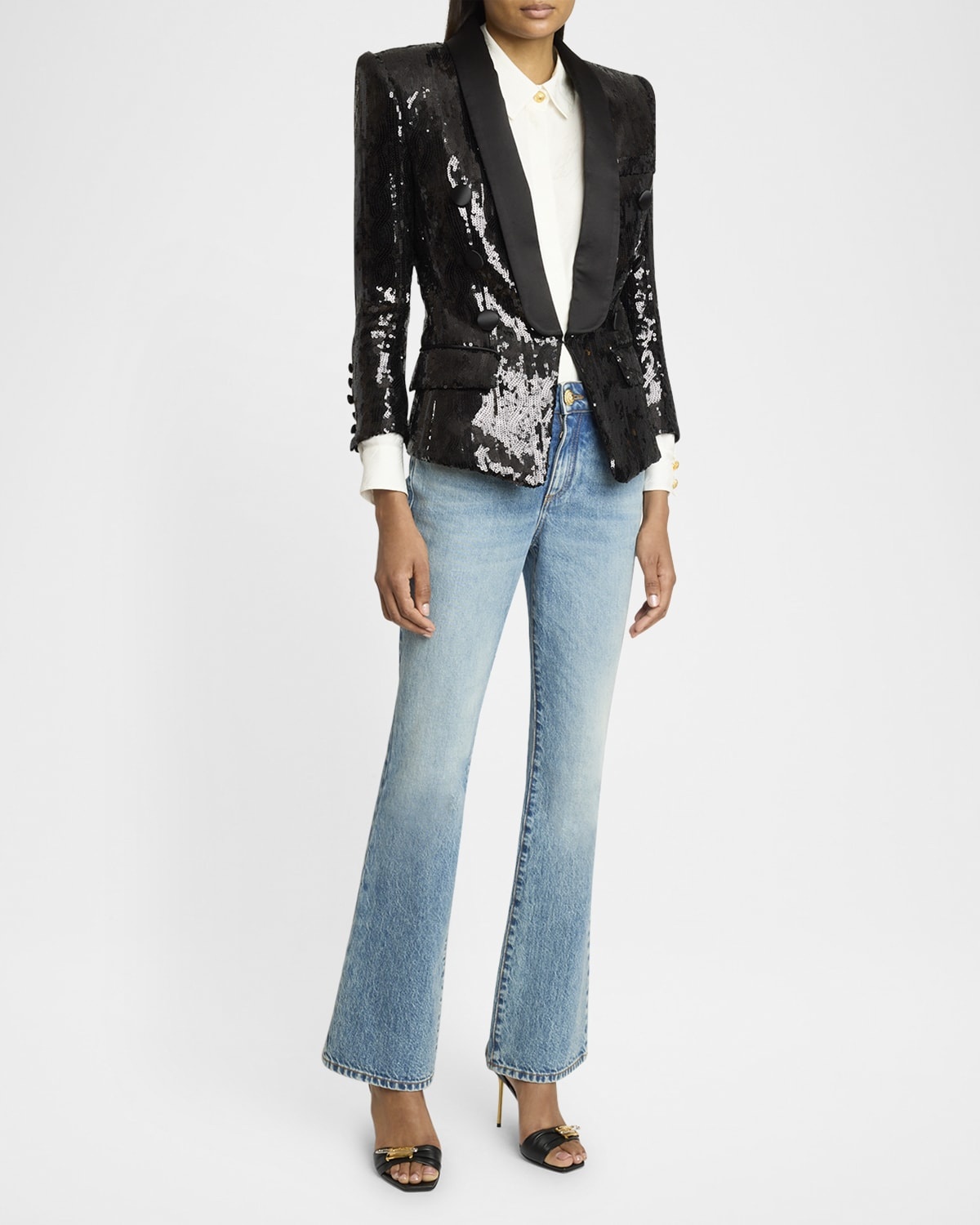 Balmain Sequined Double-Breasted Satin Tailored Jacket