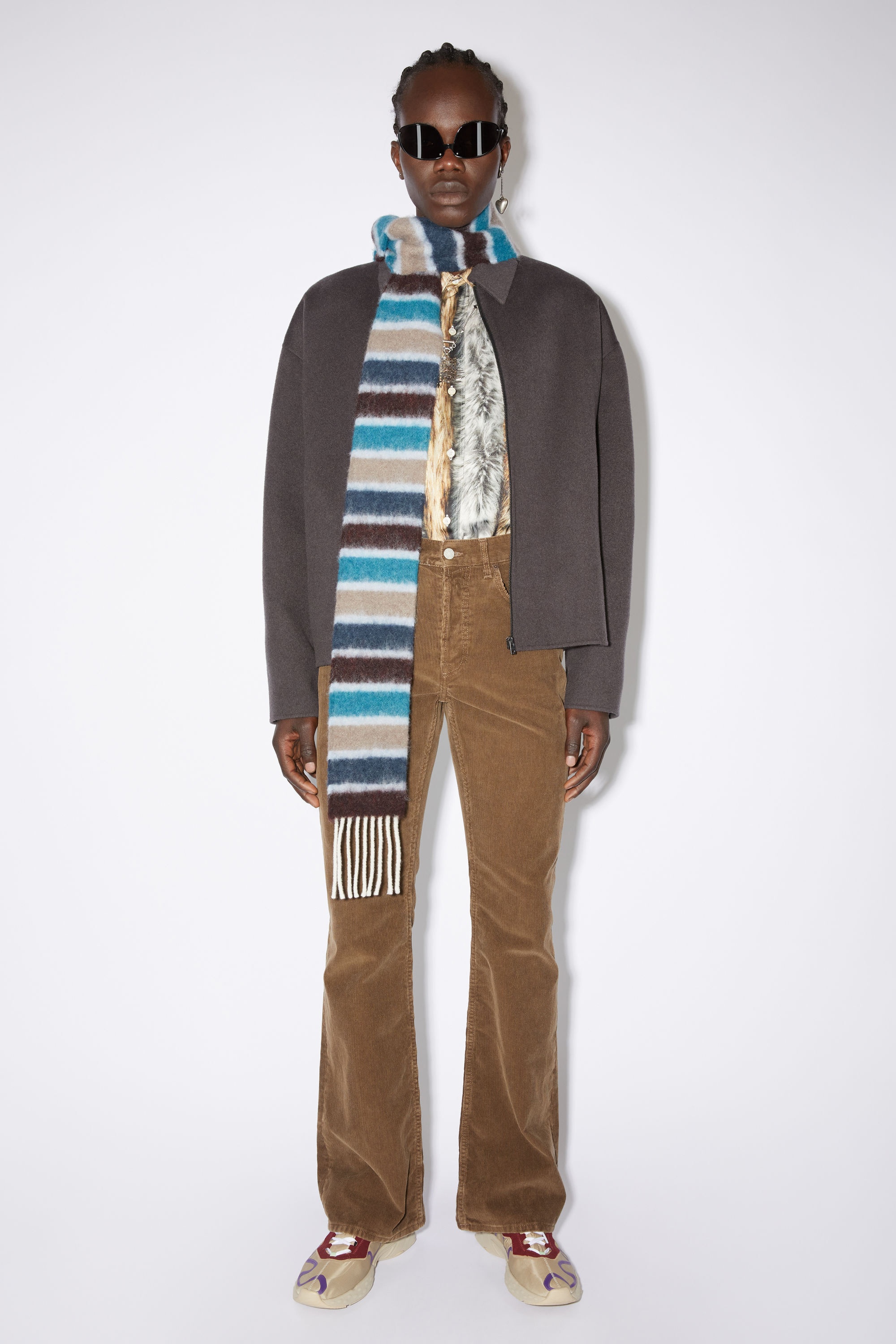 Wool-blend stripe long slim scarf - Blue/brown - 3