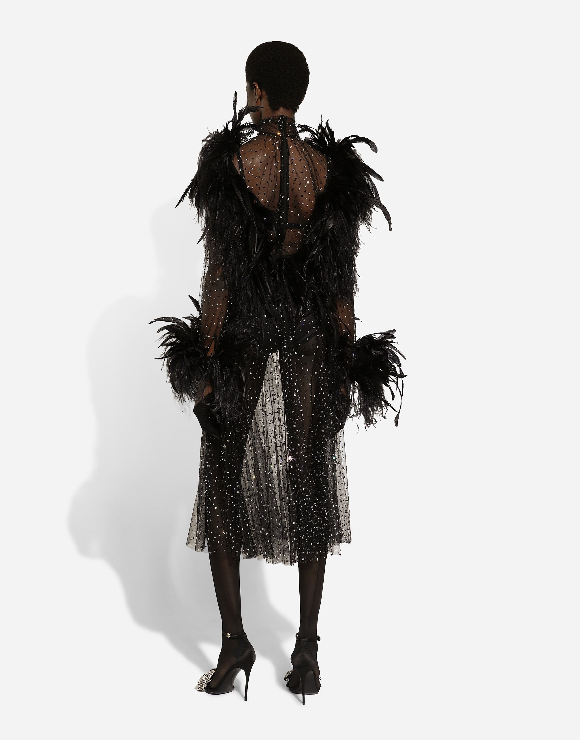 Calf-length stretch tulle dress with fusible rhinestones and rooster and ostrich feather embellishme - 4