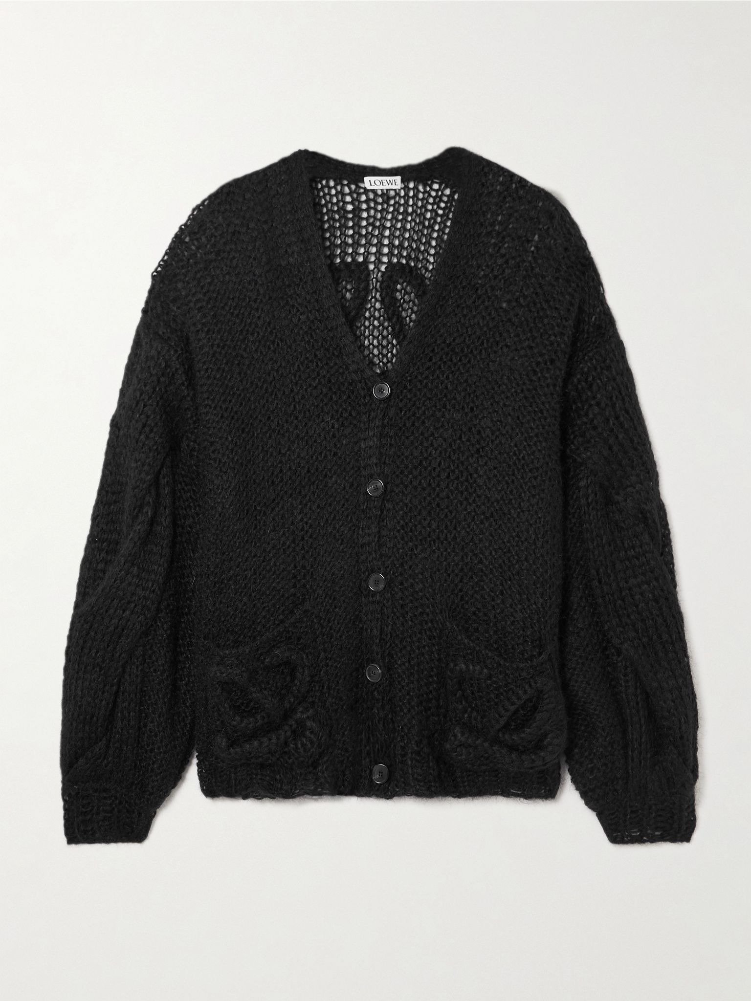Anagram embroidered open-knit mohair-blend cardigan Black - 1
