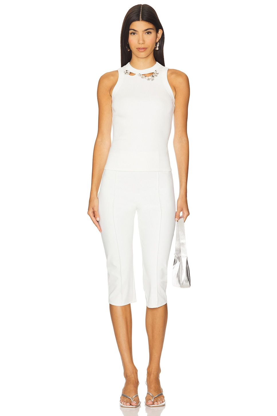 Distressed Crystal Ribbed Knit Tank Top - 4