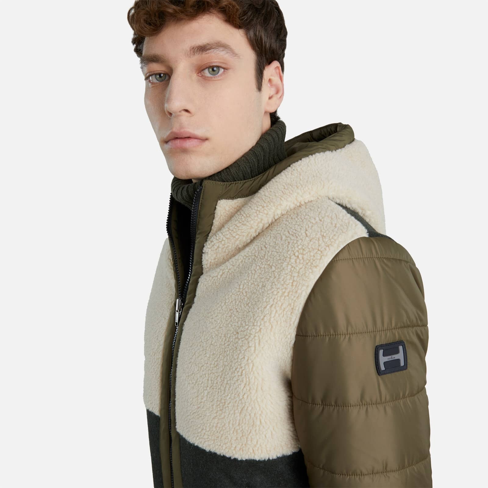 Multimaterial Reversible Bomber Jacket Green Ivory - 8
