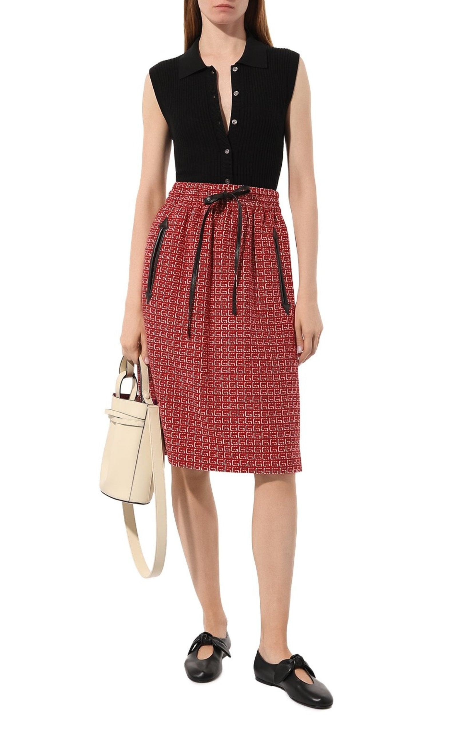 Red Jacquard GG Drawstring Skirt - 2