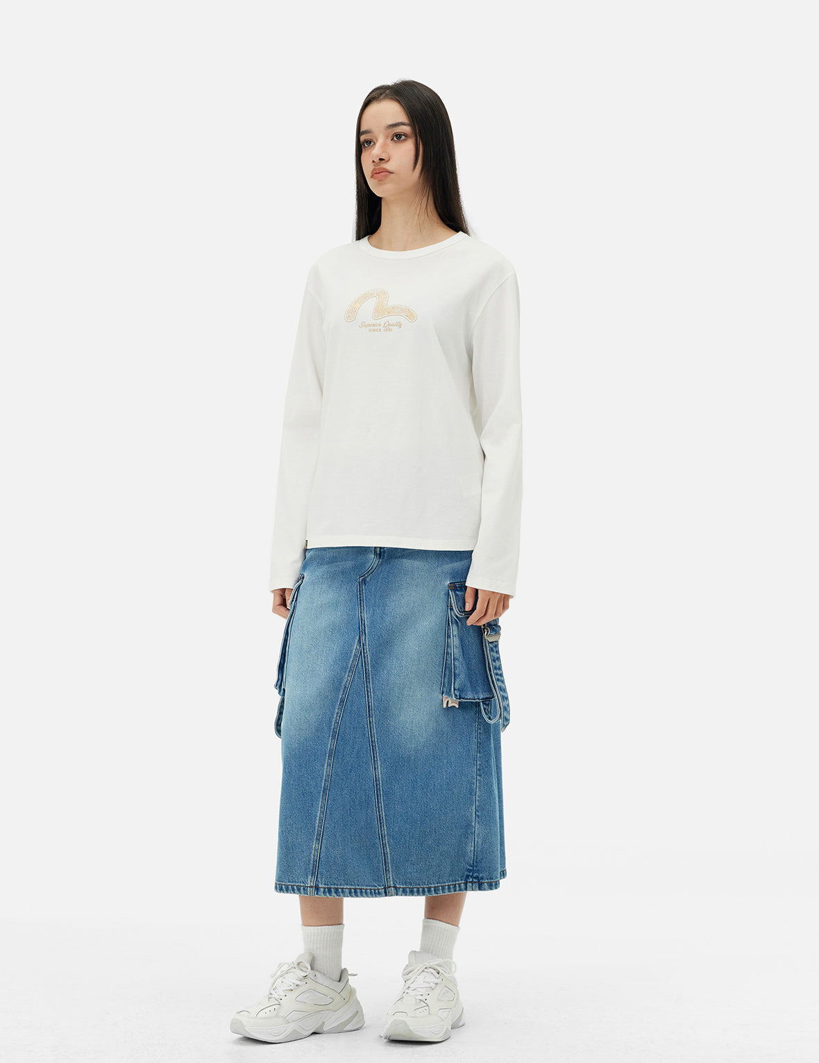Deconstructed Inserted Seagull Embroidery Fashion Fit Denim Cargo Skirt - 3