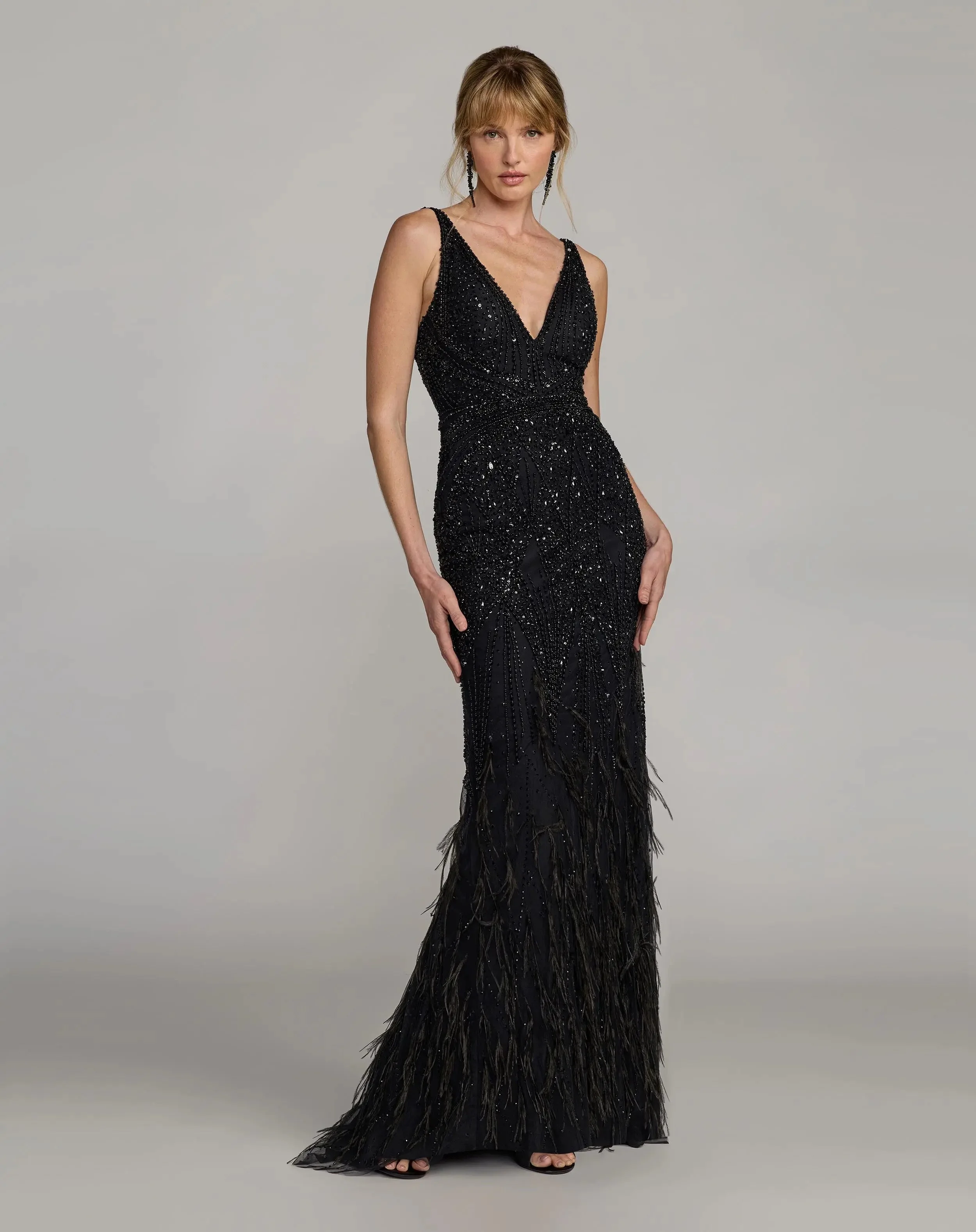 Black Embellished V-Neck Gown With Feather Hem - 1
