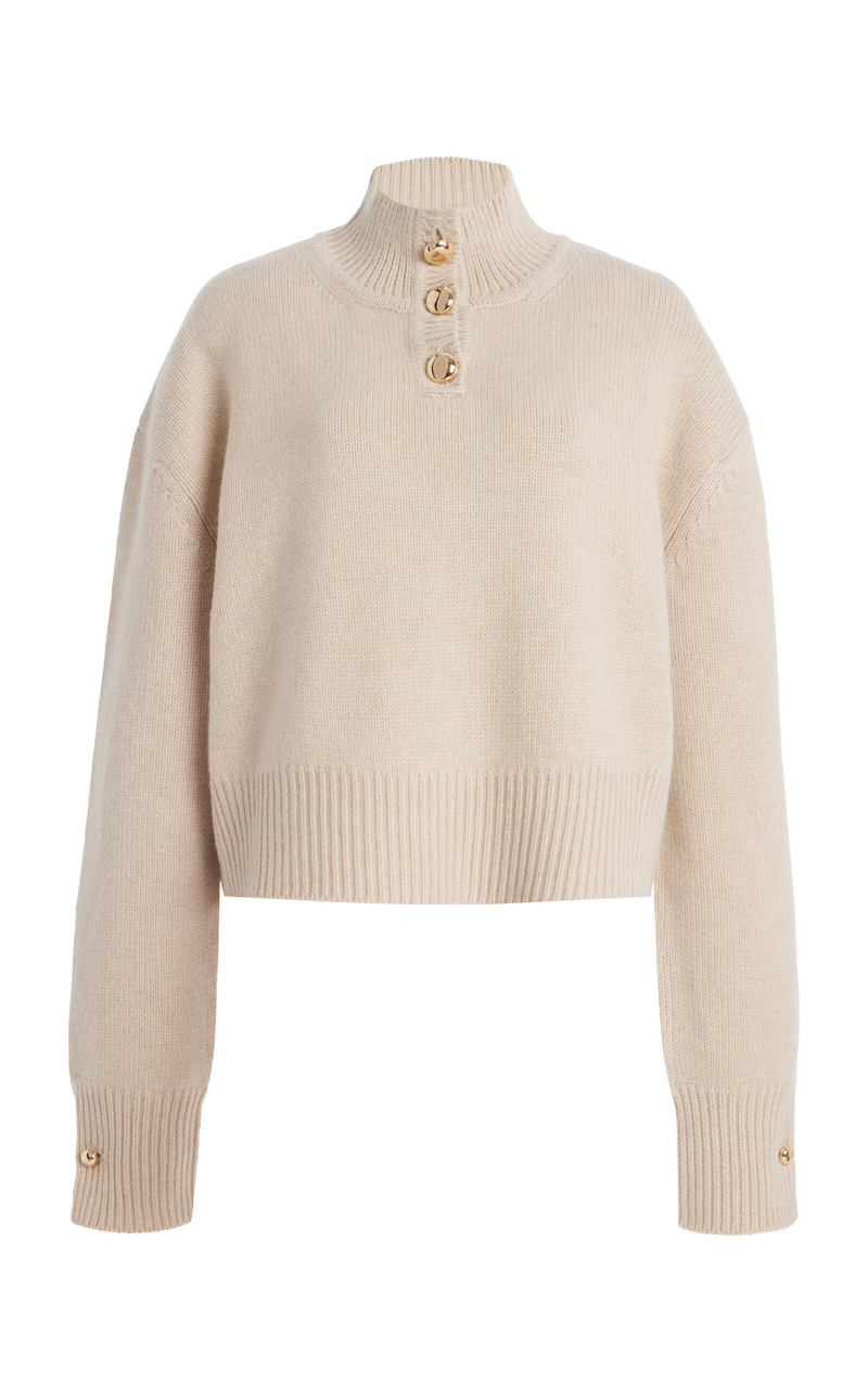 The Rowe Cropped Cashmere Henley Sweater taupe 1