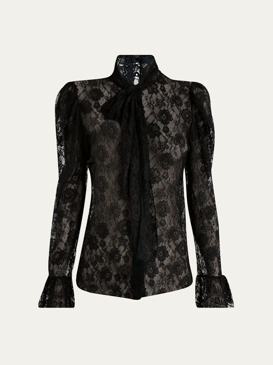 Tie-Neck Lace Button-Down Blouse - 1