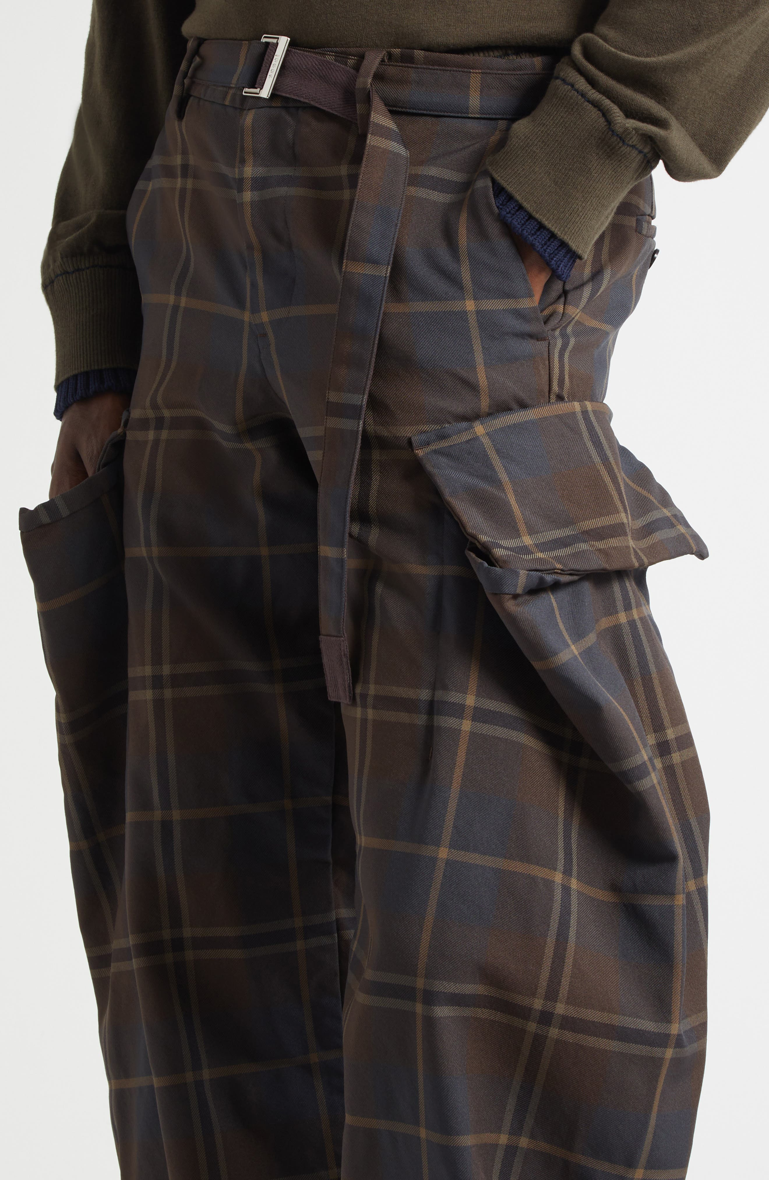 Sacai Belted Plaid Cargo Pants in Brown/Blue at Nordstrom - 5