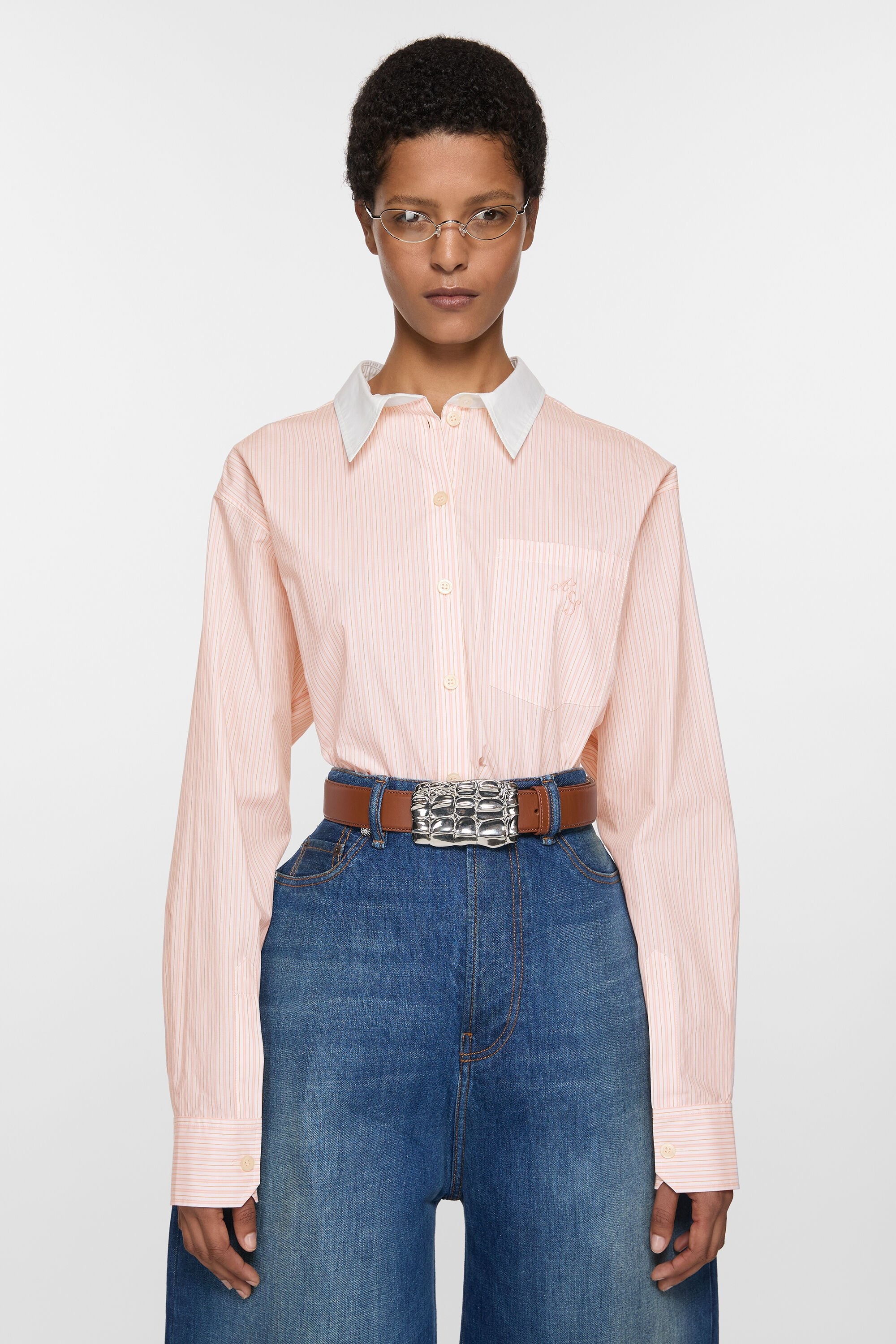 Stripe button-up shirt - Salmon pink/white - 2