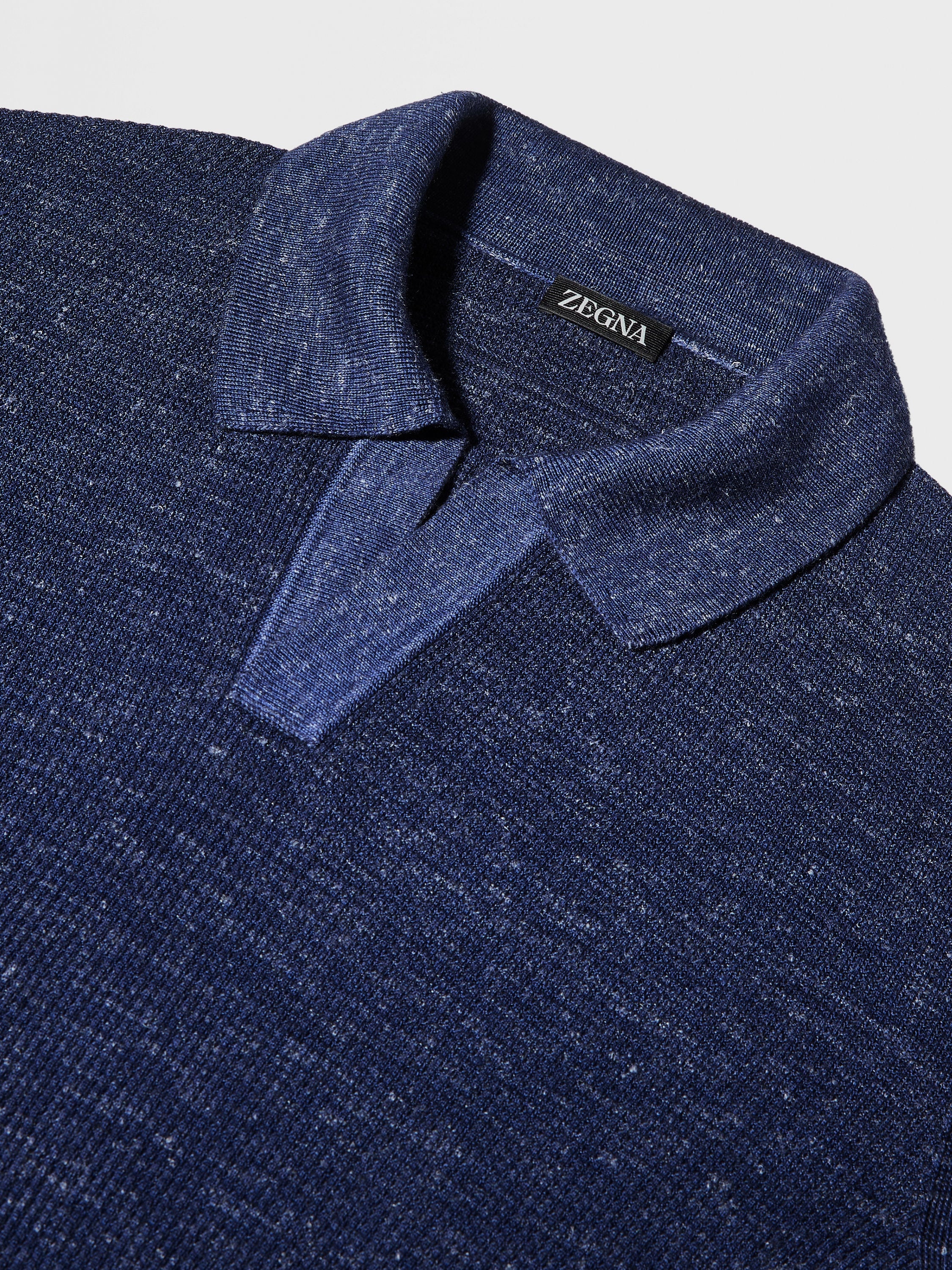 INK BLUE MÉLANGE SILK CASHMERE AND LINEN POLO SHIRT - 3