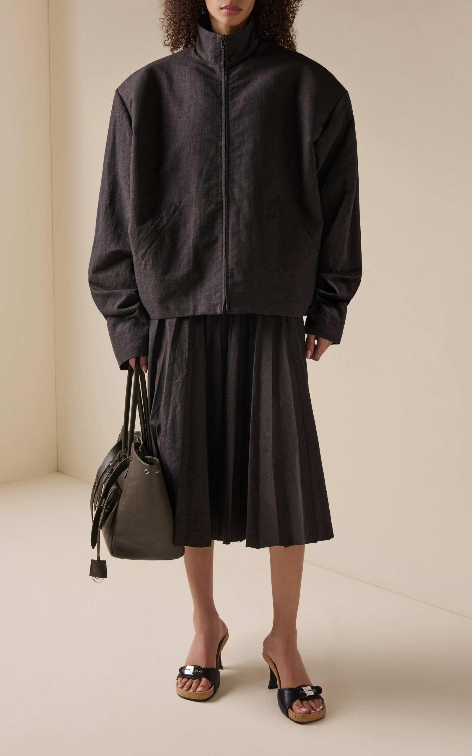 Hybrid Pleated Wool-Ramie Midi Skirt black - 2