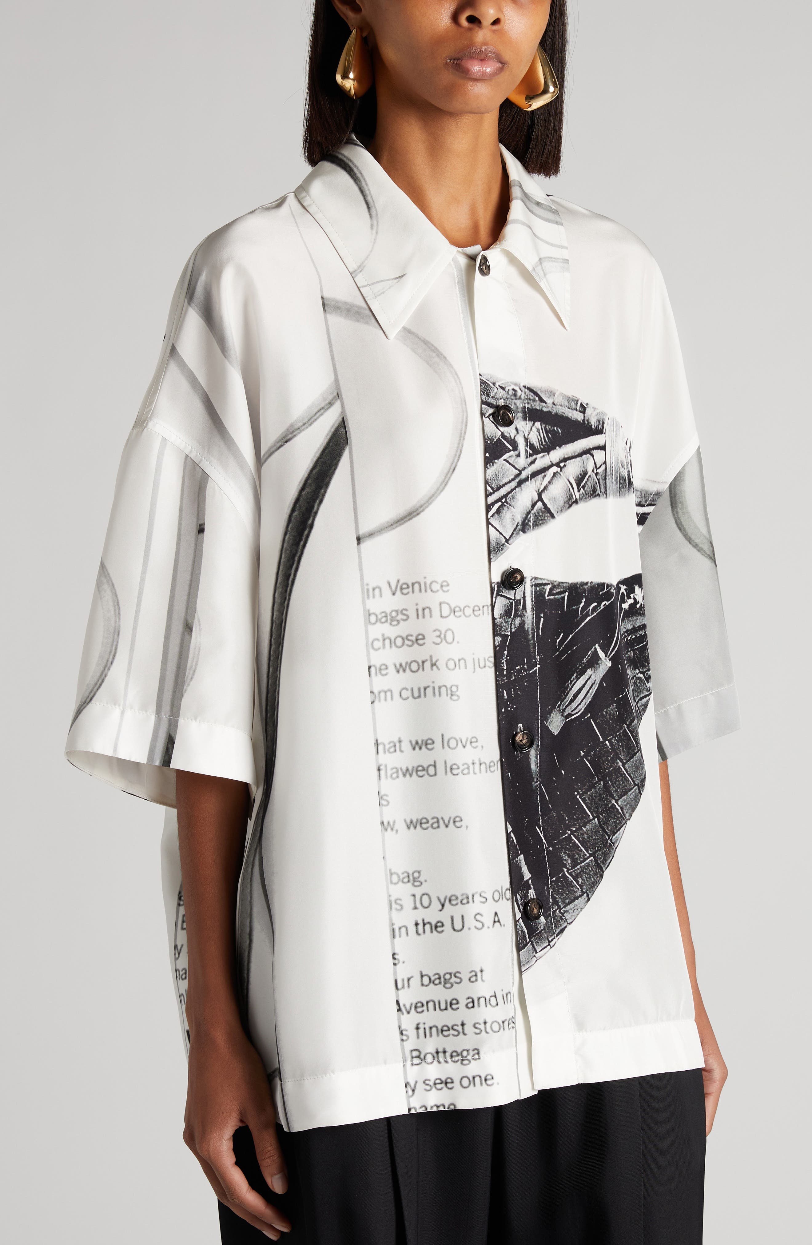 Bottega Veneta Campaign Print Oversize Silk Button-Up Shirt in 9060 Chalk/Black at Nordstrom - 5