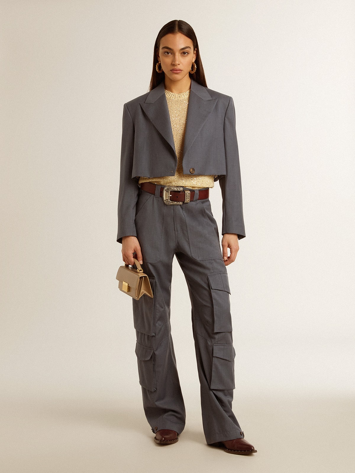 Women's single-breasted cropped jacket in baby blue wool - 3