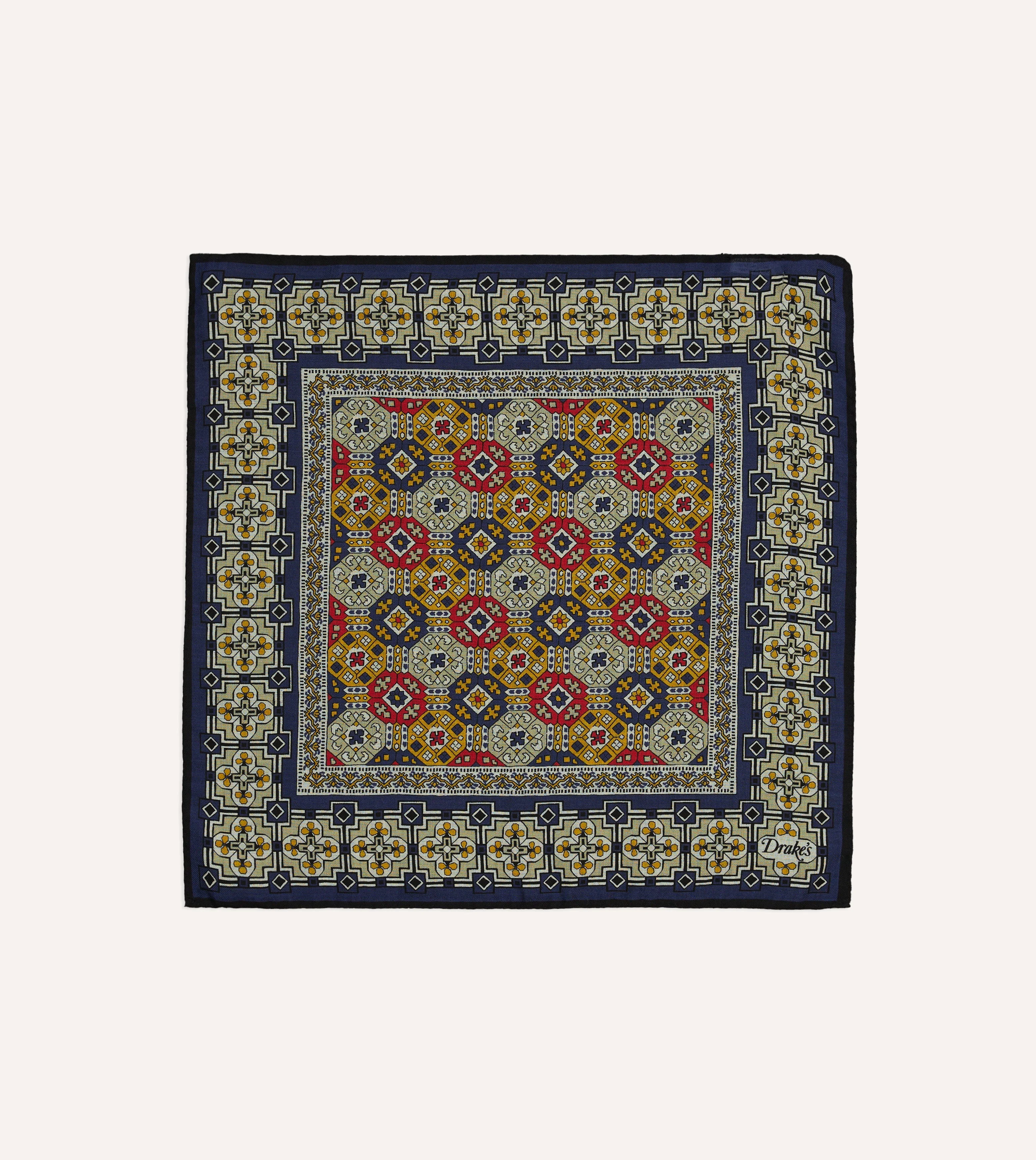 Navy Geometric Tapestry Print Wool-Silk Pocket Square - 1
