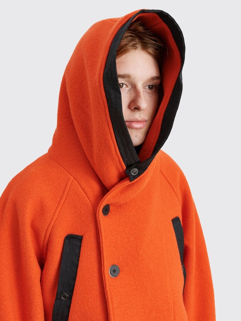 Kiko Kostadinov KIKO KOSTADINOV REMUS HOODED JACKET WOOL TANGERINE /  CHARCOAL GREY | tresbien | REVERSIBLE