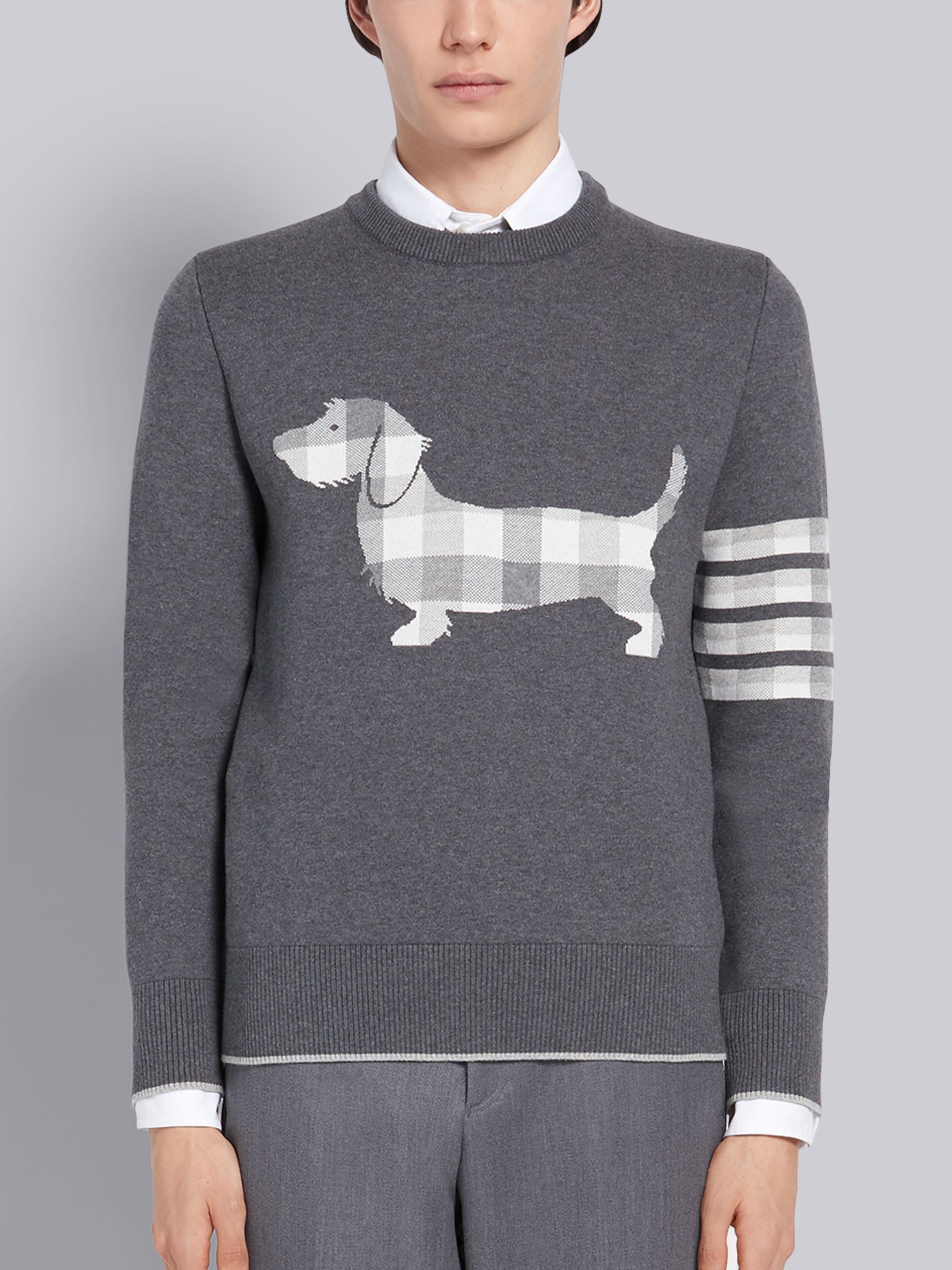 Medium Grey Cotton Crepe Buffalo Check Jacquard Hector Icon Crewneck 4-Bar Pullover - 1