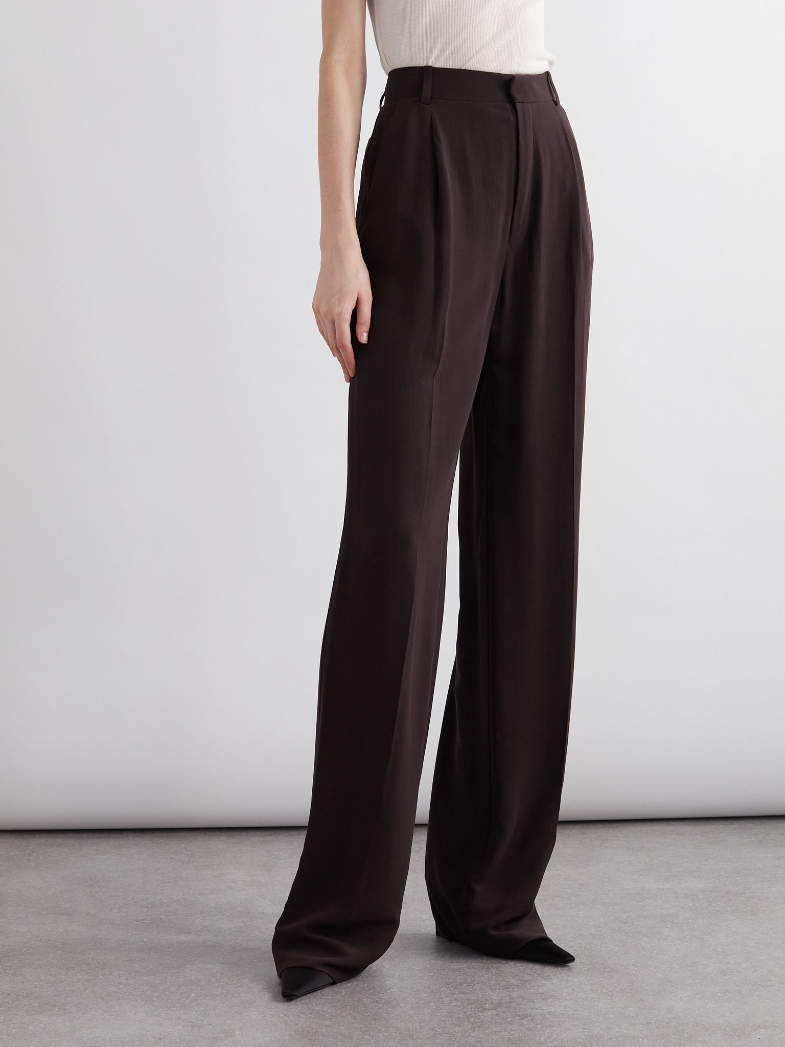 Silk-georgette straight-leg pants Dark brown - 3