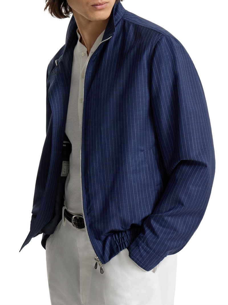 Men's Wool and Mohair Pinstripe Fresco Outerwear Jacket with Stand Collar - Blue 5